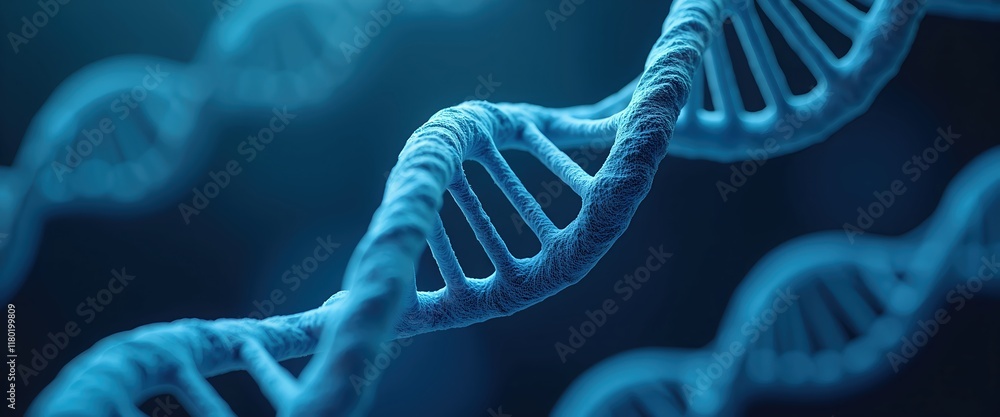 Poster close-up view of a dna double helix, rendered in shades of blue. the intricate structure and complex