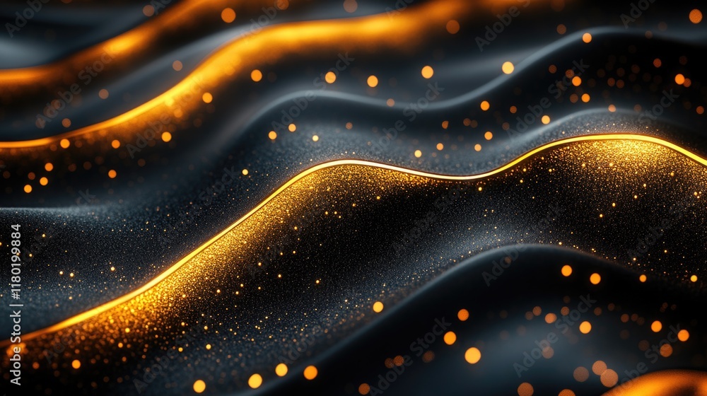 Poster close-up of a wavy surface lit by gold lights, suitable for use in sci-fi or futuristic designs