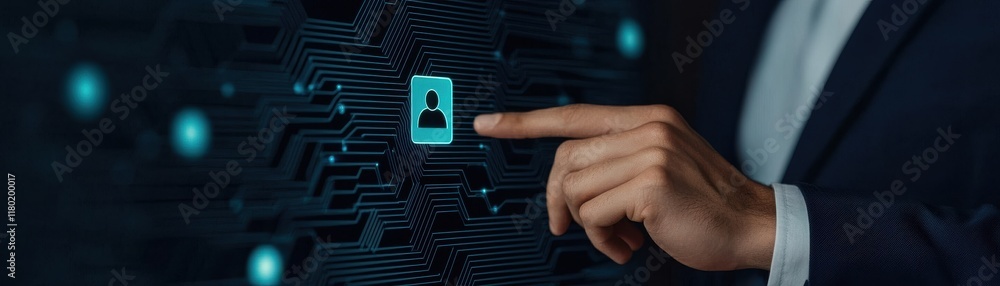Poster a businessperson interacts with digital security icons, emphasizing cybersecurity and data protectio