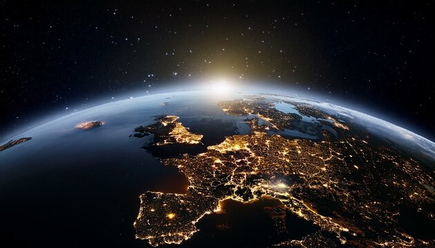 Foreground of the Earth as seen from a satellite, lights form a shape of global communication