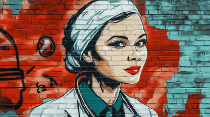 Pop art comic street graffiti with doctor on brick wall. 