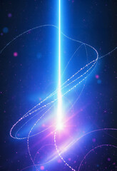 A stunning digital artwork depicting a glowing blue energy beam in space, surrounded by vibrant particles and a cosmic background, masterpiece, with white tones