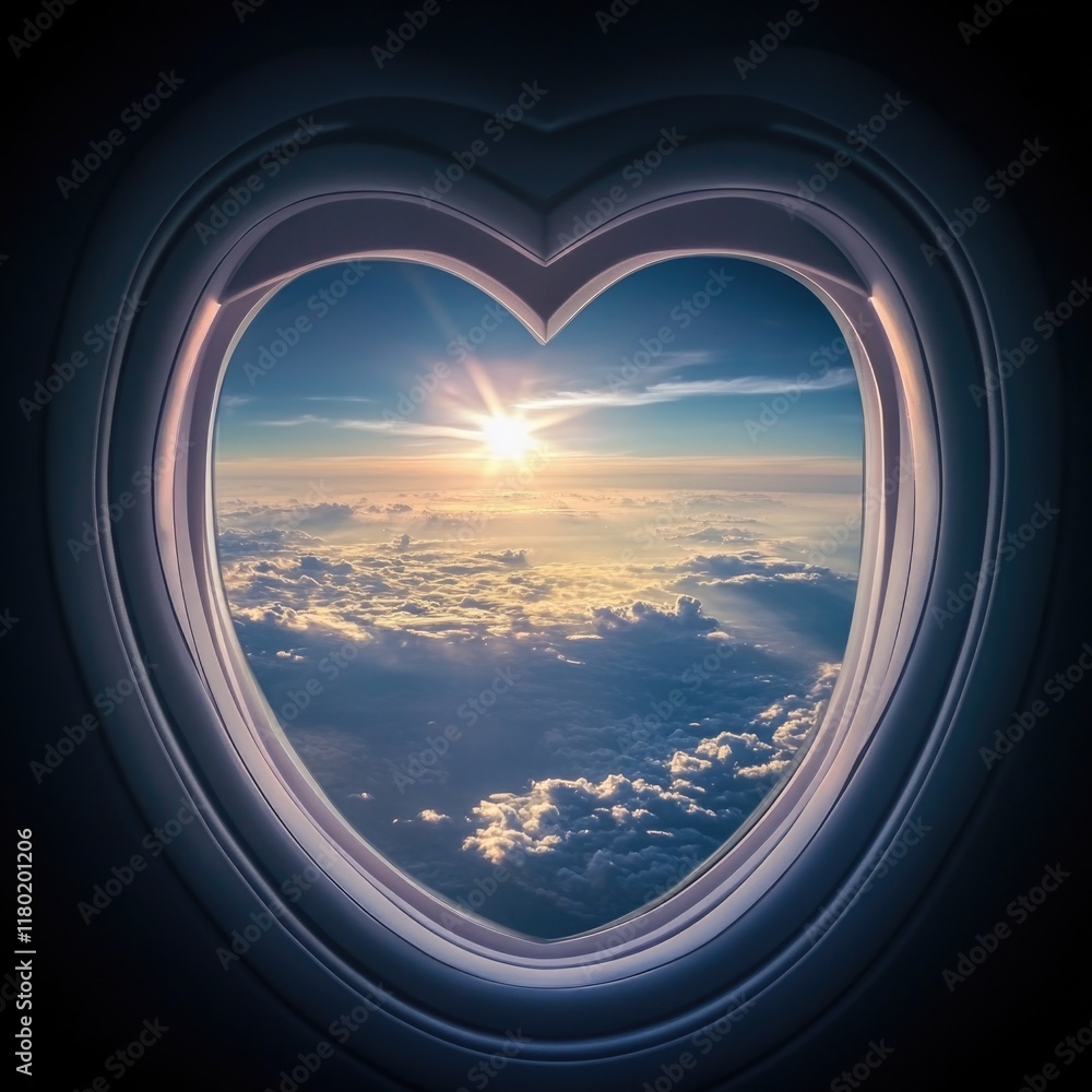 Poster a heart-shaped window offers a glimpse into the cloudy sky with white puffy clouds