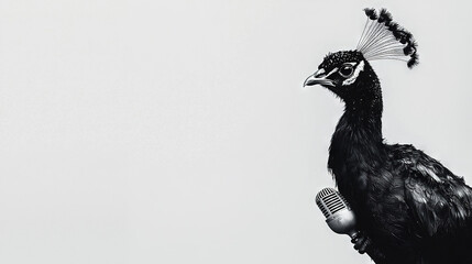  A black & white photo of a bird with a microphone in its beak and feathers on its head