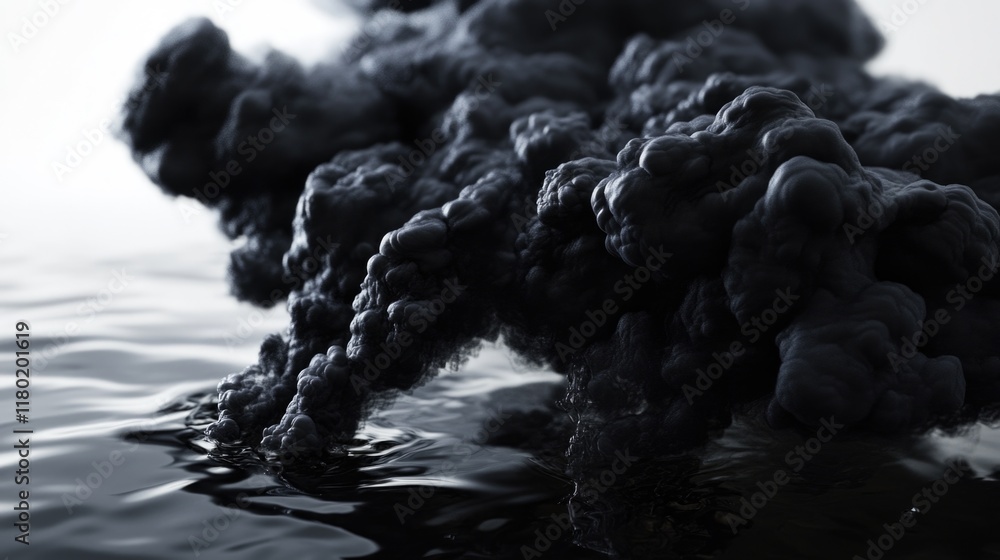 Poster a dark smoke cloud rises from the surface of calm water, creating a striking visual effect