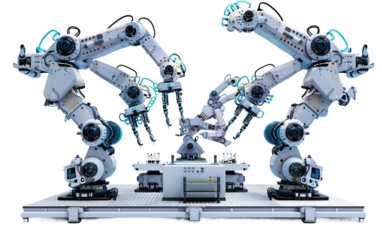 A Futuristic Factory Producing Advanced Robots with Cutting-Edge Technology Isolated on Transparent Background PNG