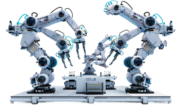 A Futuristic Factory Producing Advanced Robots with Cutting-Edge Technology Isolated on Transparent Background PNG