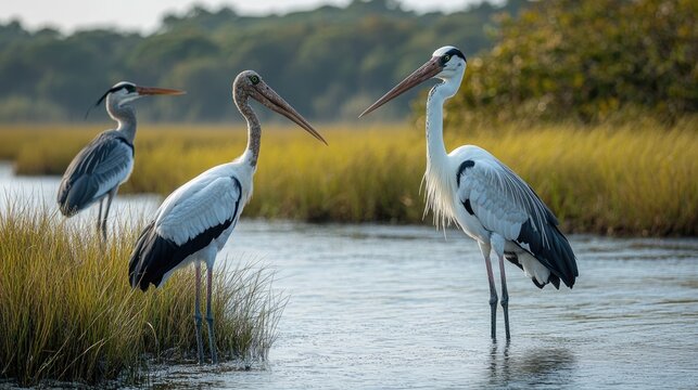 Two large birds standing in shallow water