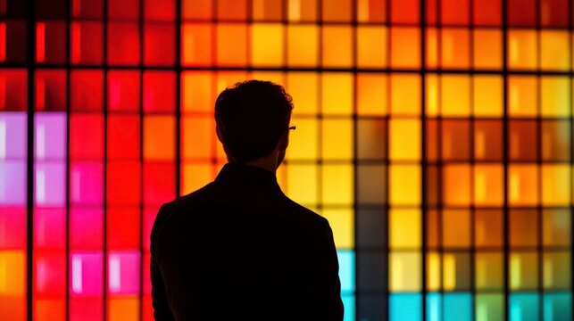 Quality management continuous improvement concept. A person observes a data visualization display showing colorful bar graphs, representing statistical analysis and insights.