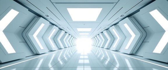Obraz premium Futuristic white corridor with glowing arrow-shaped panels. Bright, clean, and modern architectural design. Perfect for sci-fi, technology, or abstract backgrounds.