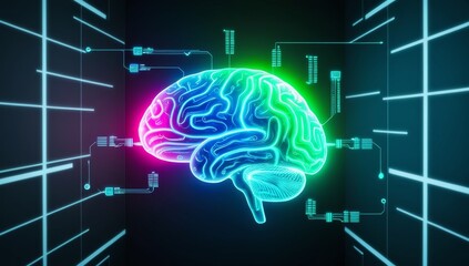 Innovation, creative and business idea concept with digital neon human brain on technological background. Big data and artificial intelligence concept. Machine learning and circuit board