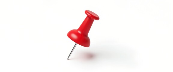 A single red pushpin, isolated on a white background.  The pin is slightly tilted, showcasing its metallic point and rounded plastic head.  A simple, clean image perfect for various uses.