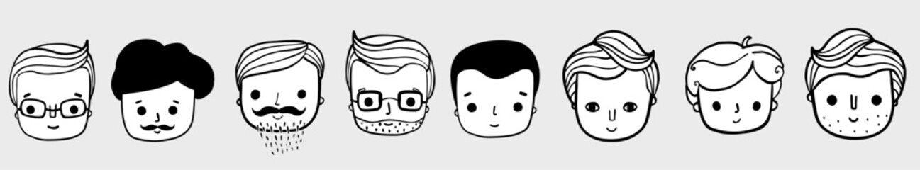 Cute hand drawn vector male face icons, men avatars with beards, mustaches, different expressions and hairstyles