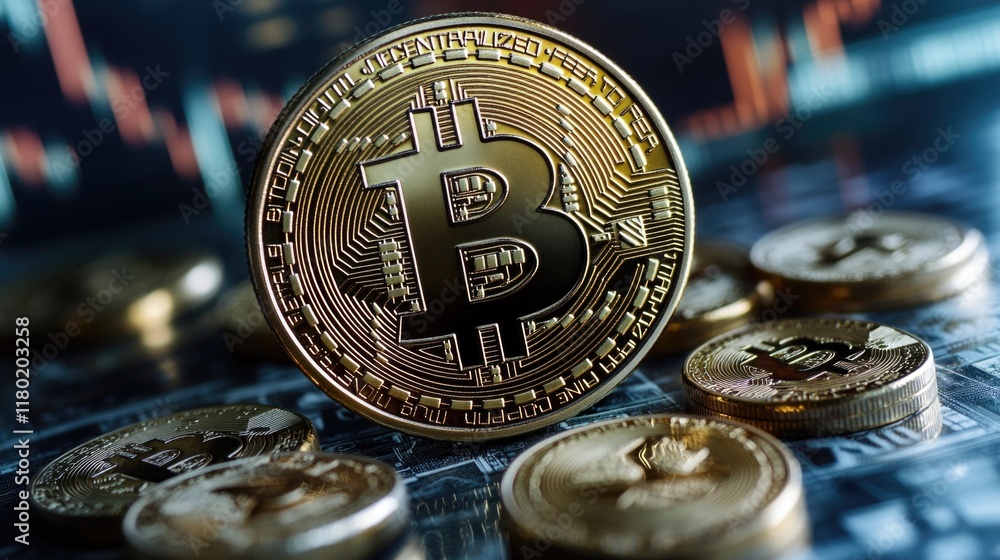 Poster a close-up view of a bitcoin sitting on top of a pile of coins, suitable for financial or cryptocurr