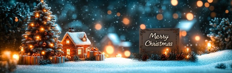 Fototapeta premium A festive Merry Christmas scene featuring a snow-covered tree, house, and gifts, perfect for holiday cards.
