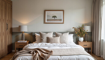 Modern bedroom with cozy decor and warm lighting