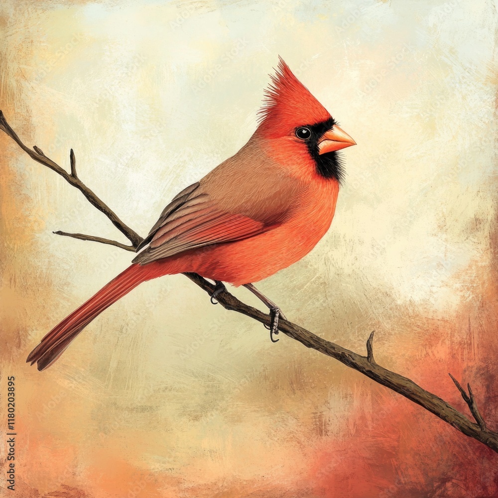 Aufkleber a small red bird perched on the end of a tree branch, looking out at something