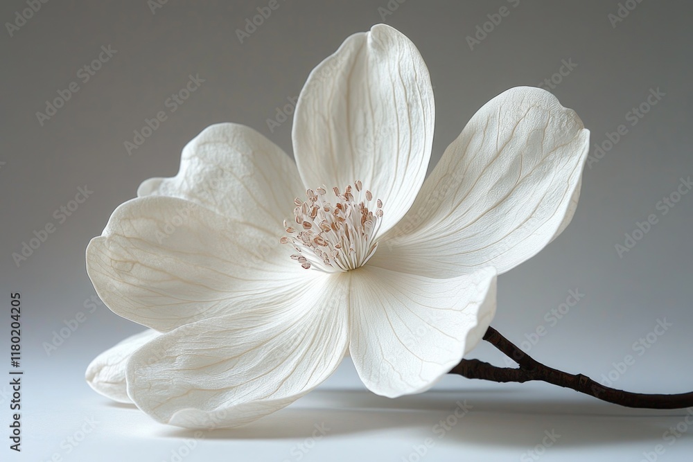 Poster a single white flower sits atop a stem against a gray background, ideal for use in editorial or adve