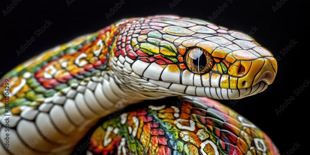 Poster close-up of a colorful painted snake on a dark background