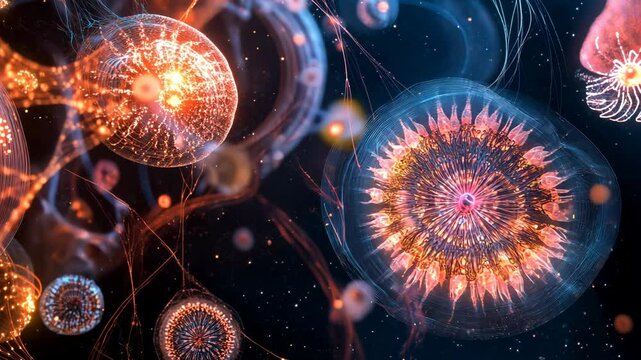 Colorful microscopic view of bioluminescent microorganisms in dark ocean waters