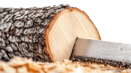 chainsaw on wood isolated on white background