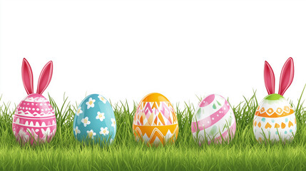 Illustration of an Easter egg border with rabbit ears on grass, isolated on a white background. Banner for design and decoration, or as a greeting card template. Happy easter background, mockup, templ