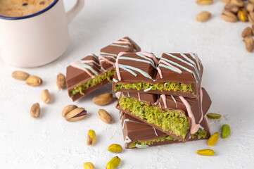 Trend chocolate; Dubai chocolate is made with pistachio paste and kadayif.