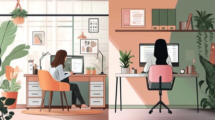 Two women work comfortably at their desks in stylish home offices.