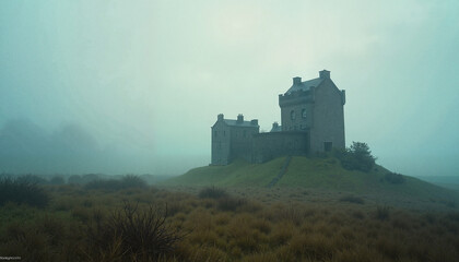 Obraz premium Mysterious castle on foggy hilltop, St. Patrick’s Day
