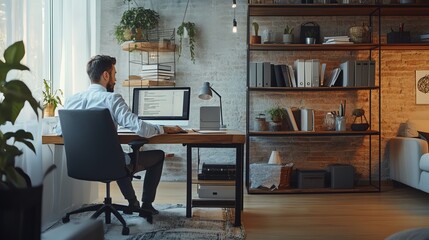 Focused programmer works from home office.