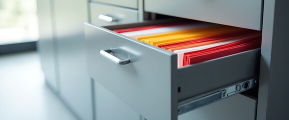 Open file drawer with colorful files.  Organized office storage showing neat rows of documents.  Grey metal filing cabinet.