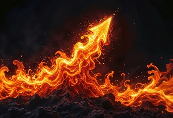 Fiery arrow of flames surges upward, symbolizing growth and progress against a dark, rugged backdrop. Ideal for illustrating stock market, business growth, and financial success concepts.