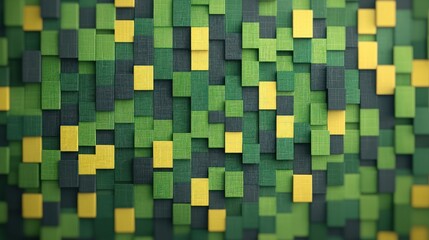 A textured surface featuring green and yellow square tiles arranged in a mosaic pattern.