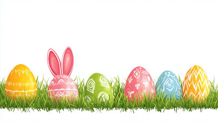 Illustration of an Easter egg border with rabbit ears on grass, isolated on a white background. Banner for design and decoration, or as a greeting card template. Happy easter background, mockup, templ