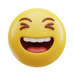 Fototapeta premium A 3D illustration of a laughing yellow emoji with closed eyes and a wide-open mouth isolated on a white background