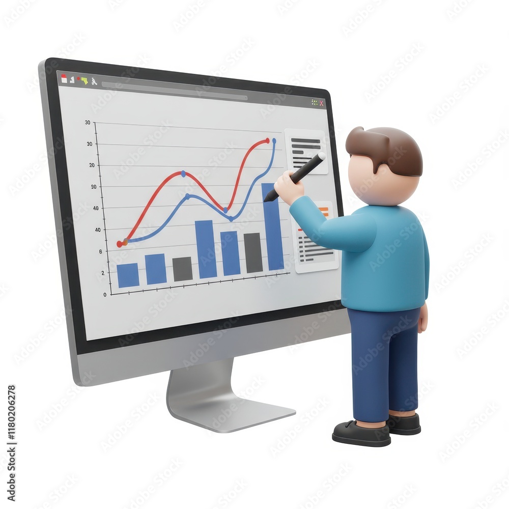 Poster a 3d illustration of a person interacting with a graph on a large computer screen isolated on a whit