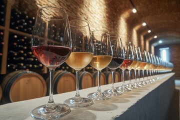 A row of elegantly arranged glasses containing various wines sits in a charming wine cellar