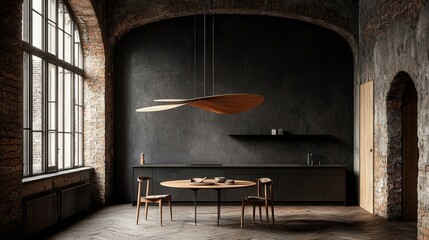  A cozy room featuring a table, chairs, and a pendant light in front of a large window