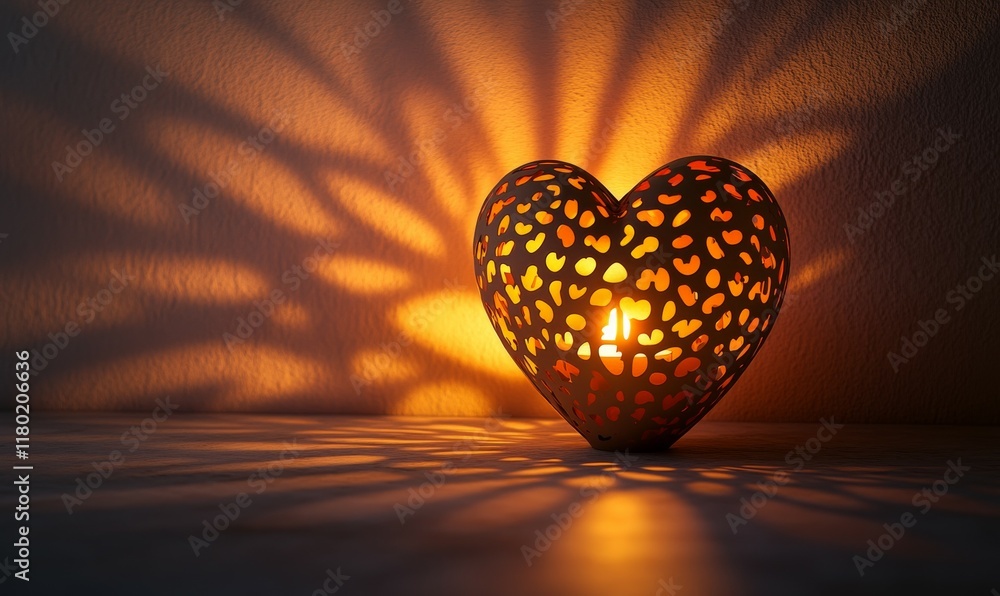 Poster romantic candleholder in the shape of a heart, glowing warmly with intricate shadow patterns on the 