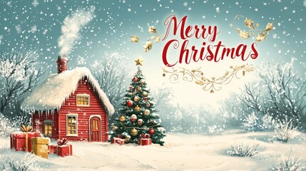 Fototapeta premium A festive Merry Christmas scene featuring a snow-covered tree, house, and gifts, perfect for holiday cards.
