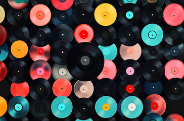 An extensive assortment of vinyl records in various colors and designs fills the background, emphasizing the beauty and nostalgia of physical music formats in a creative arrangement