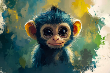 A painting of a baby monkey with big eyes