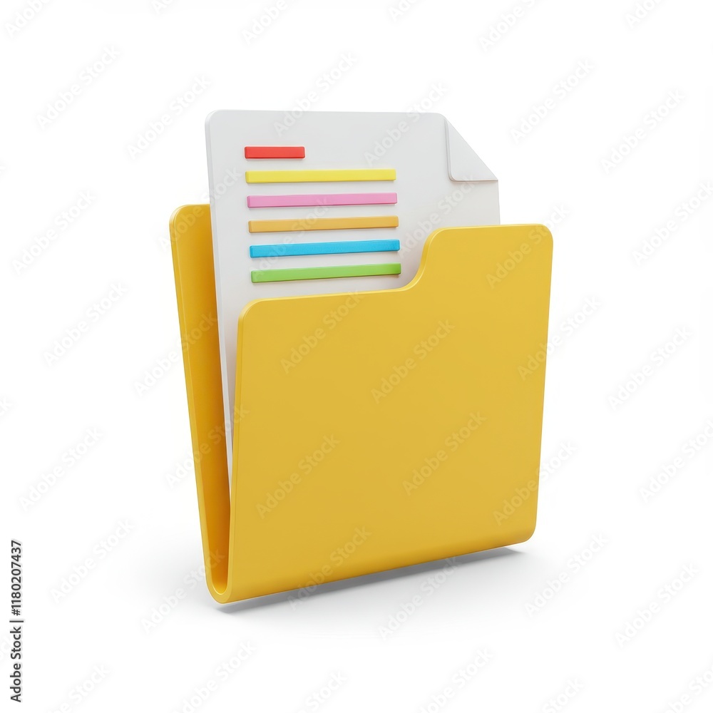 Poster a 3d illustration of a yellow folder holding a white document with colorful text lines isolated on a