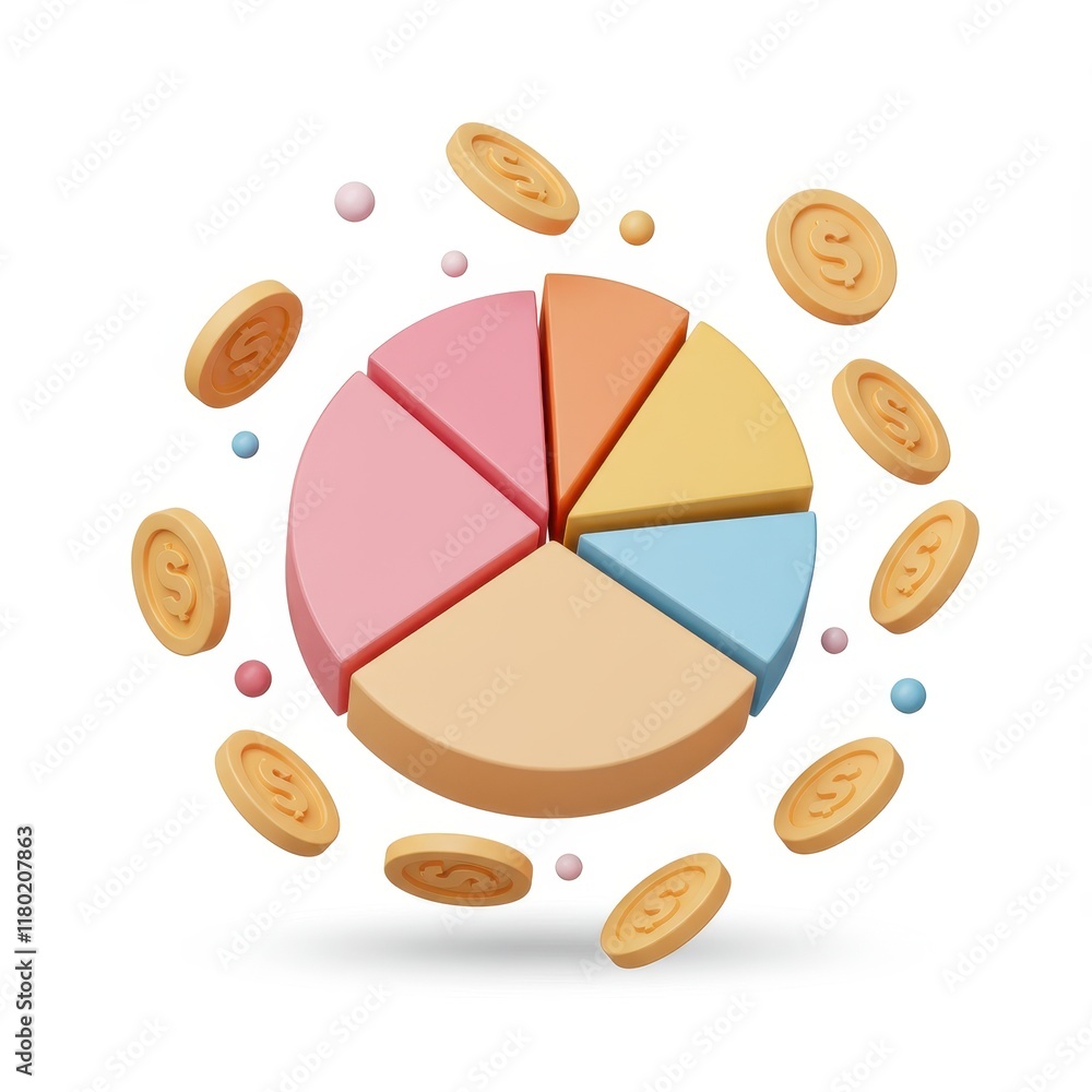Poster a 3d illustration of a colorful segmented pie chart in pastel tones with golden coins floating aroun