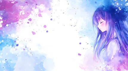 Anime Girl Watercolor Painting Purple Hair Blue Background