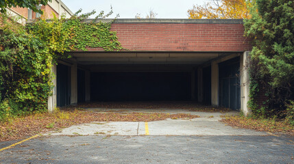An empty garage sits unused with a dark interior, its concrete floor covered in fallen leaves and surrounded by creeping vines
