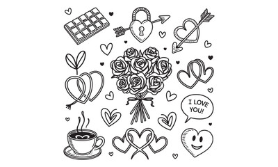 Romantic Valentine's Day Bouquet and Love Symbols Line Art