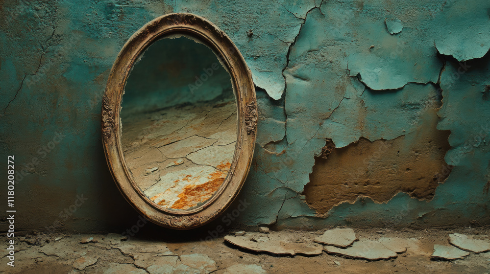 Poster let go of your mind, a high-fidelity image of a cracked mirror reflecting a distorted mind, showcasi