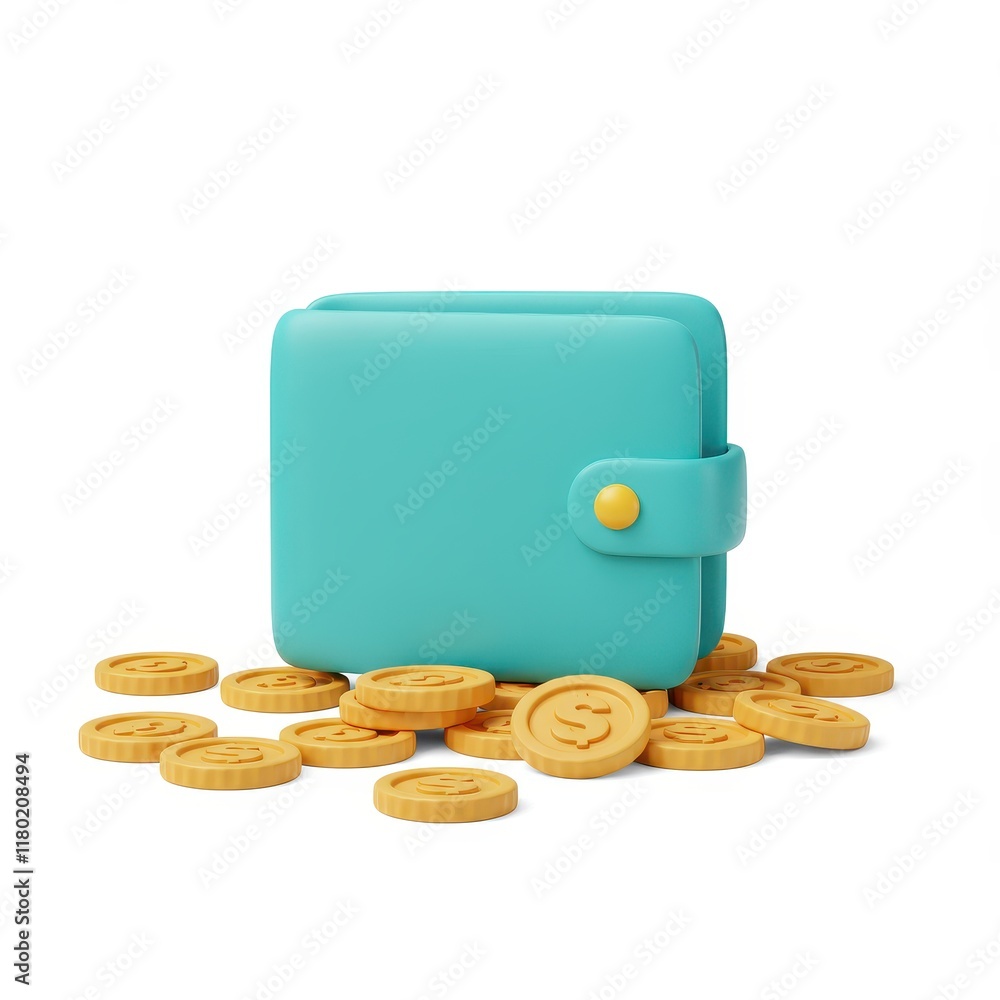 Poster a 3d illustration of a wallet with multiple golden coins scattered around it isolated on a white bac