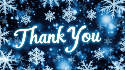 A vibrant thank you banner features a glowing text against a winter backdrop filled with snowflakes, perfect for expressing gratitude during festive occasions